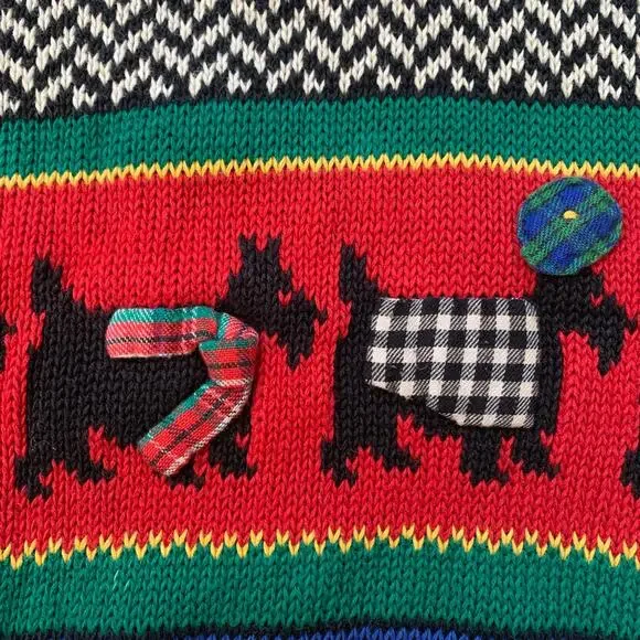 Vintage 90s Susan Bristol Scottie Dog Fair Isle Red Plaid Knit Sweater Large - Picture 8 of 12